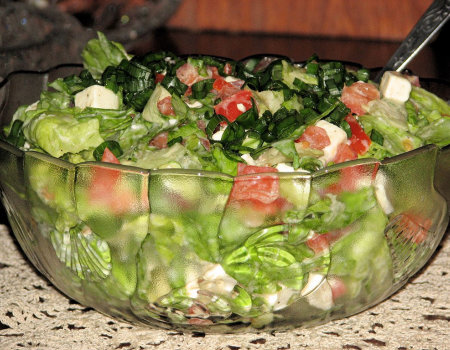 Zielona sałata w sosie z pomidorami i serem Feta