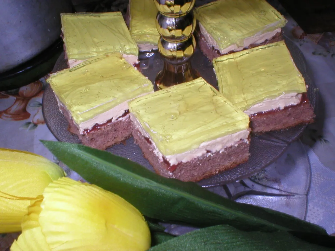 Kakaowy biszkopt z masą budyniową i galaretką