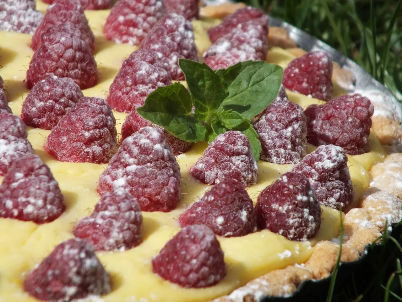 Tarta z pyszną budyniową masą i malinami