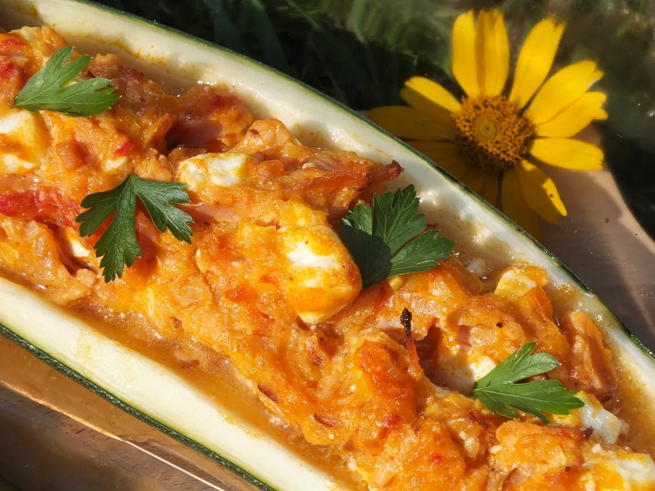 Cukinia faszerowana serem Feta i szynką